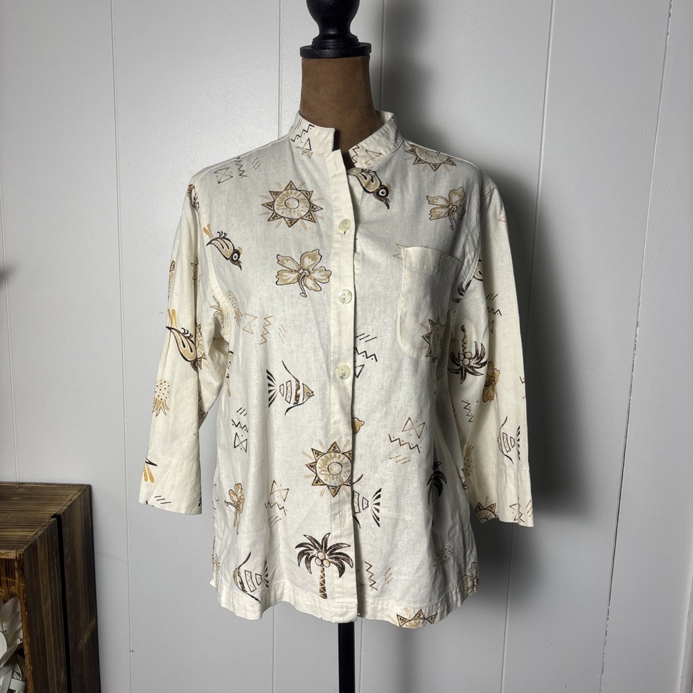 Vintage 90s White Stag Linen Blend Tropical Novelty Print Button Down Sz Small